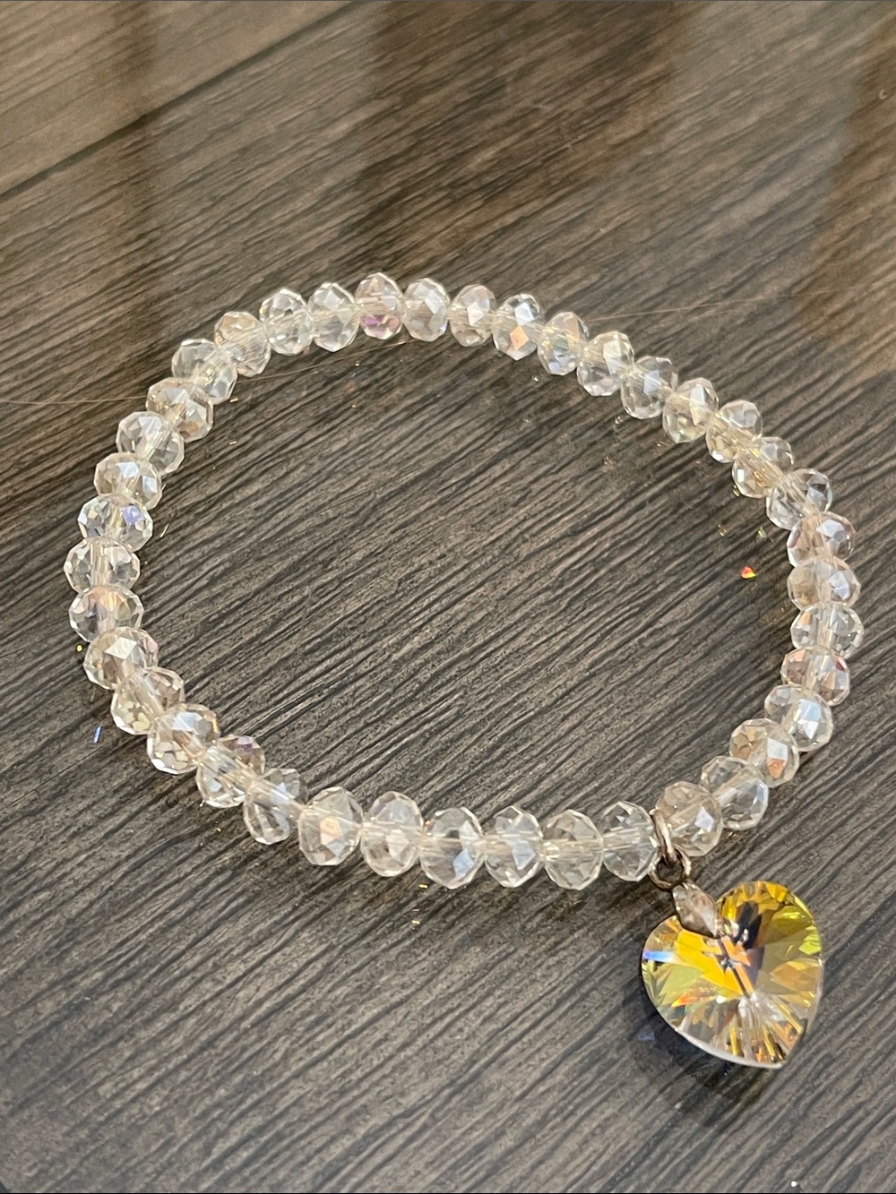 Vintage Style Iridescent AB Beaded Stretch Bracelet with Heart Charm